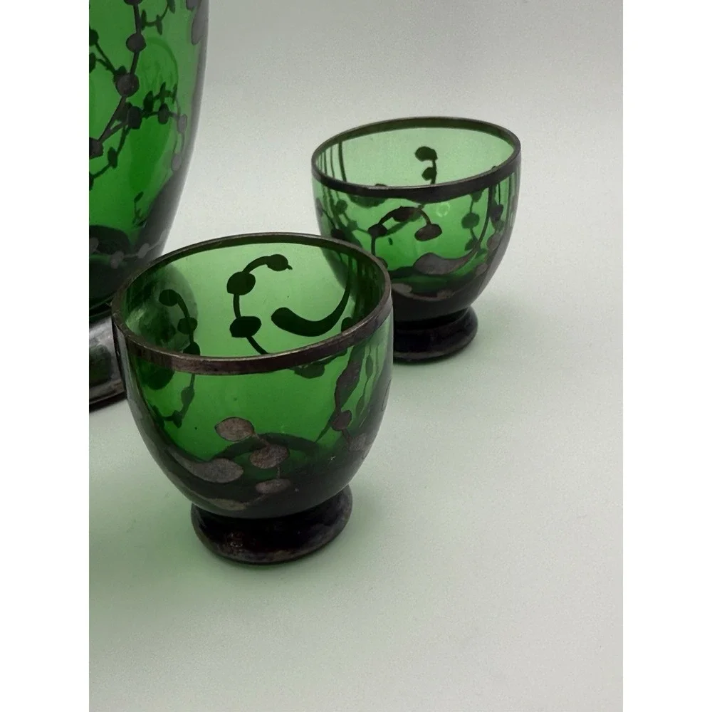 VTG Italian Emerald Green Glass Decanter & Glasses Silver Overlay Florence Italy